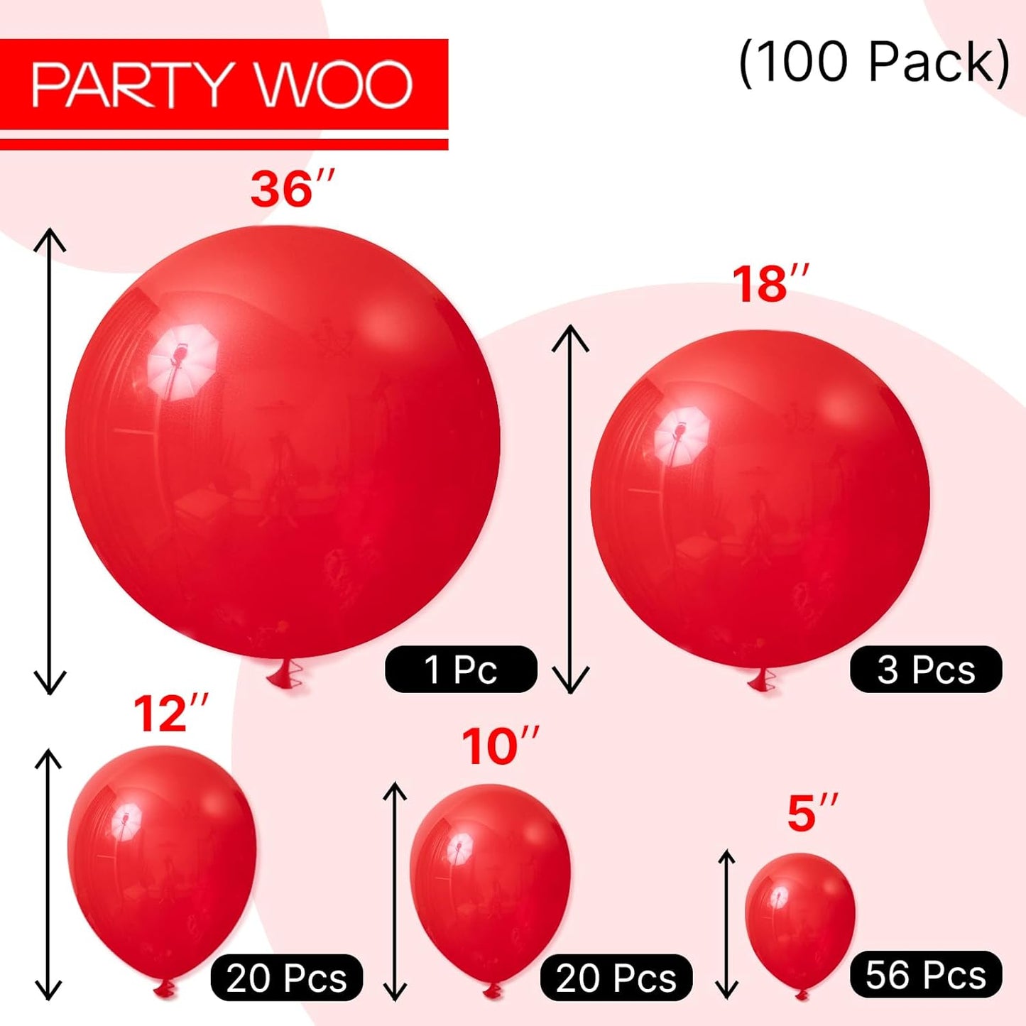 PartyWoo Red Balloons, 100 pcs Matte Balloons Different Sizes Pack of 36 Inch 18 Inch 12 Inch 10 Inch 5 Inch Latex Balloons for Balloon Garland or Balloon Arch as Party Decorations, Red-Y57