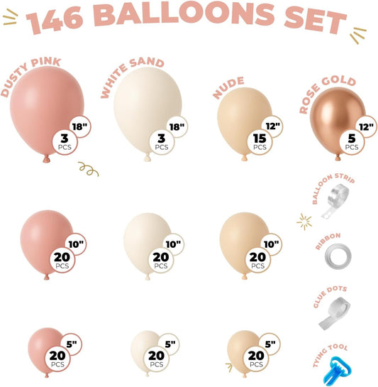 Balloon Garland Arch Kit – 146 Pcs Dusty Pink, White Sand, Nude & Rose Gold Balloons for Baby Shower, Birthday, Gender Reveal, Wedding Party – DIY Kit by Vellax™