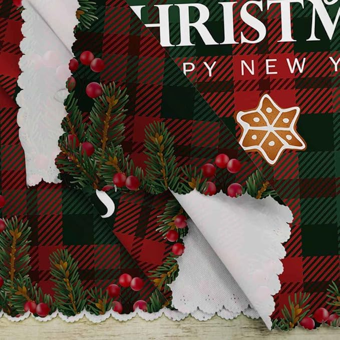 Yibeas White Merry Christmas and Happy New Year Cloth Napkins Set of 4 Soft Tartan Checkered Plaid Red and Green Polyester Dinner Square Napkin for Family Weddings Parties 18 x 18 inch