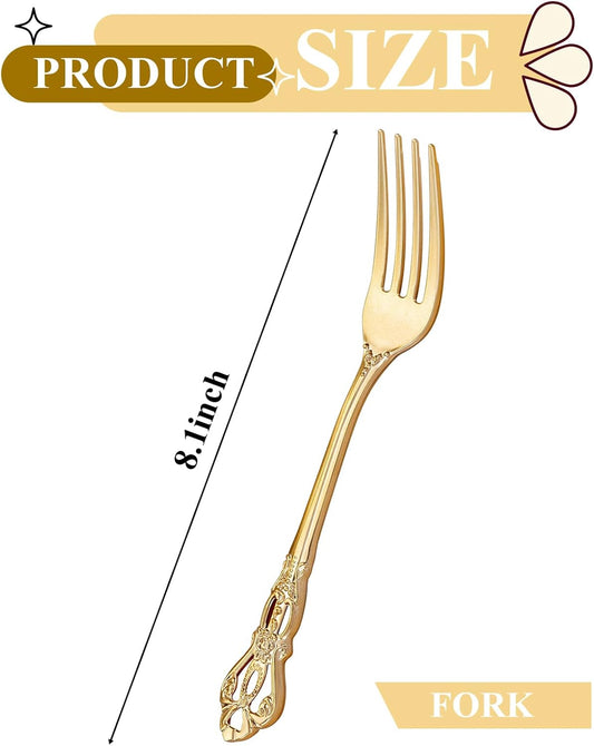 30PCS Gold Plastic Forks - 8.1inch Gold Forks Disposable - Vintage Heavy Duty Dessert Forks - Premium Fancy Plastic Silverware for Parties, Weddings, Dinners and Events