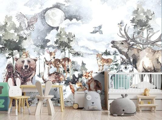 Boys or Girls Cartoon Watercolor Animals wallpeper Nursery Kids Bedroom Wall Mural - 137"x96"(Not Peel and Stick)