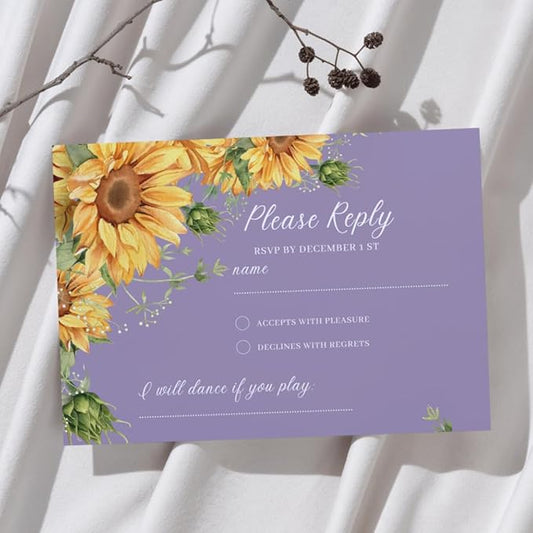 Preprinted Purple and Yellow Sunflower Wedding or Party RSVP Cards, Personalized Response Card Glossy Finish With White Envelopes, Set of 15 with Envelope, 5x3.5 inch Cards (Purple)
