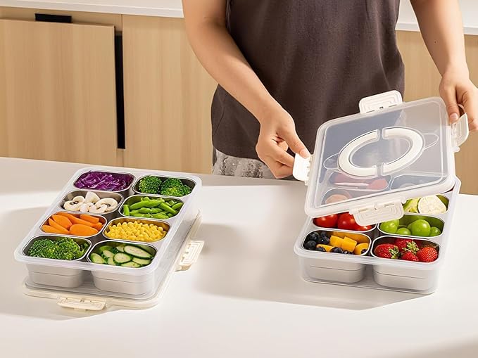 Stainless Steel Snackle Box Container with Lids and Handle, Dishwasher Safe - 8 Divider Portable Reusable Snacklebox,for Travel Beach for Charcuterie Veggie Fruit Candy