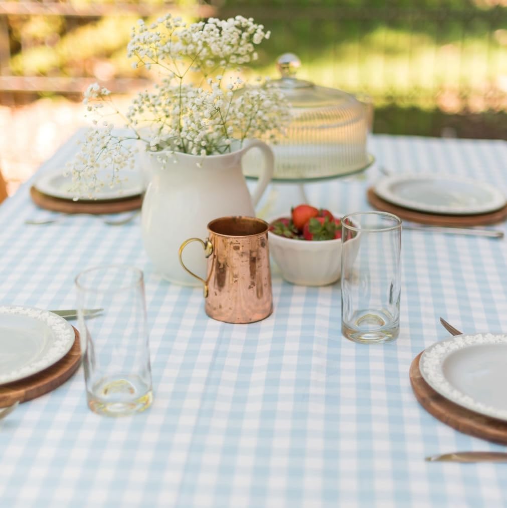 60x90 in Cotton Tablecloth with Ruffled Hem – Rectangular Farmhouse Dining Table Cover for Kitchen, Weddings, Parties, Indoor or Outdoor Picnic and Everyday Decor – Blue Checkered