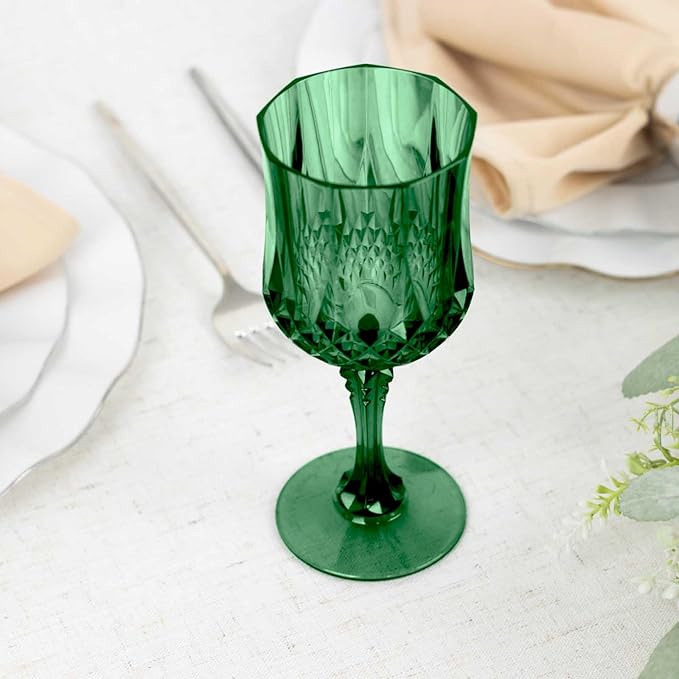 Efavormart 6-Pack Plastic Wine Glasses 8oz, Hunter Green - Crystal Cut Shatterproof Cocktail Goblets Drinking Glasses