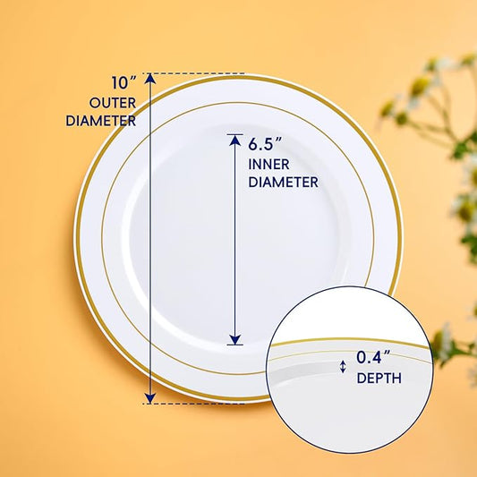 JOLLY CHEF 200 Pieces Gold Plastic Plates, 10 Inch Elegan Disposable Plates White Plate with Gold Rim,Plastic Plates for Christmas、Birthdays and Weddings