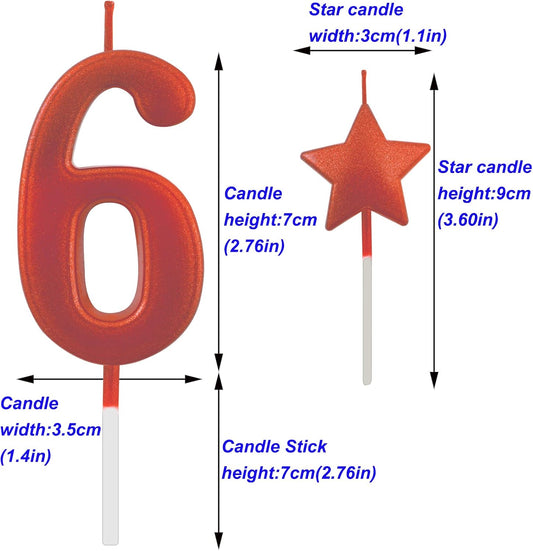 2.75in Number 6 Birthday Candles, Glitter Red Happy Birthday Cake Cupcake Toppers Decoration for Adults/Kids Parties
