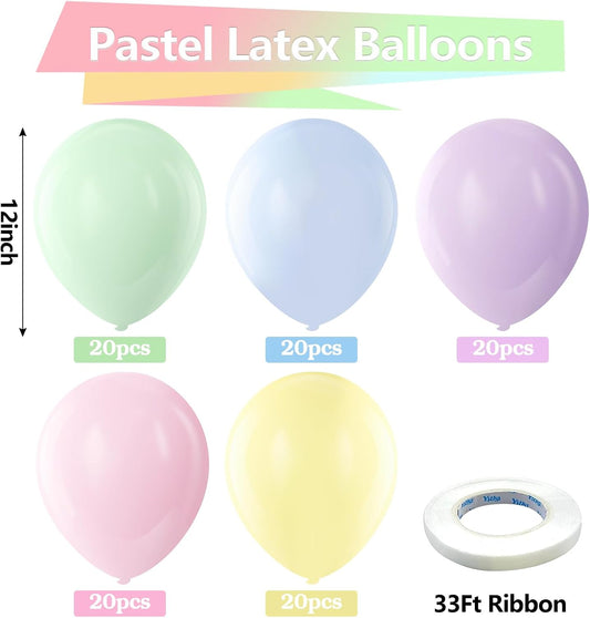 Bezente Pastel Balloons Latex Party Balloons, 100 Pack 12 inch Round Helium Multicolor Macaron Balloons for Birthday Rainbow Party Bridal Shower Wedding Decorations