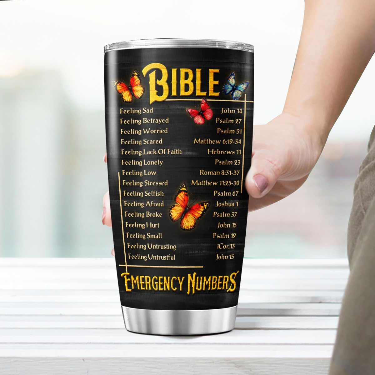 Christian Lion Tumbler with Bible Emergency Numbers, 20oz Stainless Steel Insulated Cup for Men and Women, Faith Gift for Birthday, Church, Spiritual Encouragement