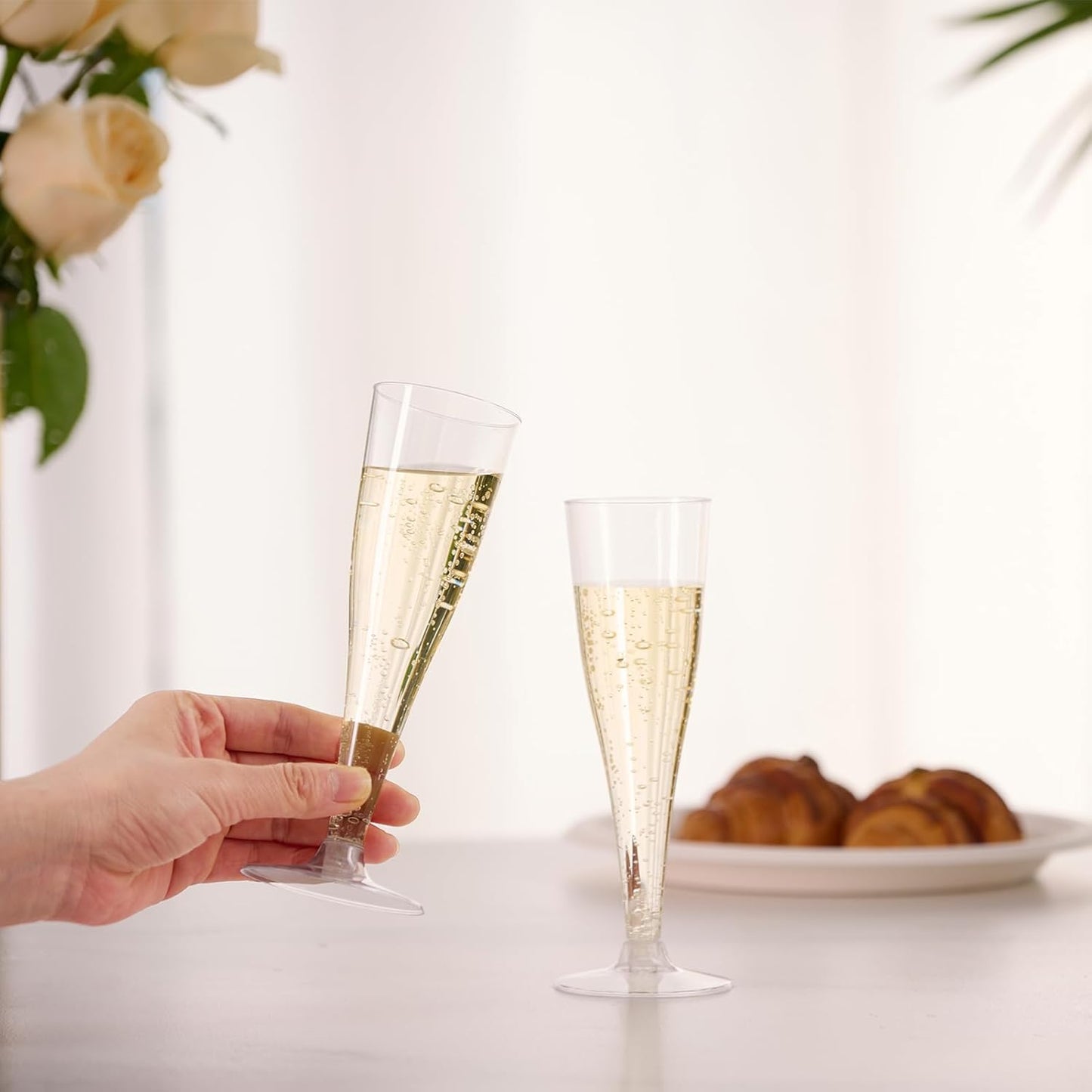 JOLLY CHEF 50 Pack Plastic Champagne Flutes Disposable 4.5 oz Clear Plastic Champagne Glasses Suitable for Wedding, Thanksgiving Day, Christmas