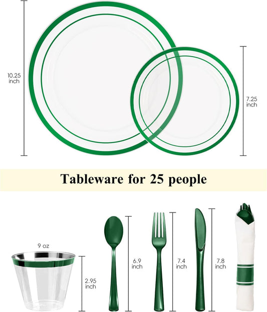 Goodluck 175 Piece Green Plastic Plates, Clear Plastic Silverware Disposable Plates Set, Include 50Plates, 25Pack Pre Rolled Napkins with Silverware, 25Cups for Party, Wedding, Graduation