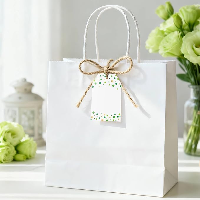 Anwyll Gift Tags with String - 100Pcs Green Gold Confetti Polka Dot Gift Bag Tags Personalized White Blank Hang Paper Label Tag for Birthday Party Bridal Shower Wedding St. Patrick's Day Favor Present