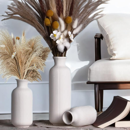 White Ceramic Vase Set of 3,Modern Vase Ribbed Design,Minimalist Decor Flower Vase for Table,Shelf,Farmhouse Vase for Decor(Vertical Ribbed Vase)