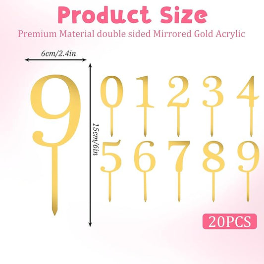 20PCS 0-9 Number For Cake Topper, Shiny Gold Acrylic Cake Topper, Freely Match Acrylic Numbers Suitable for Birthdays, Parties, Weddings, Anniversaries