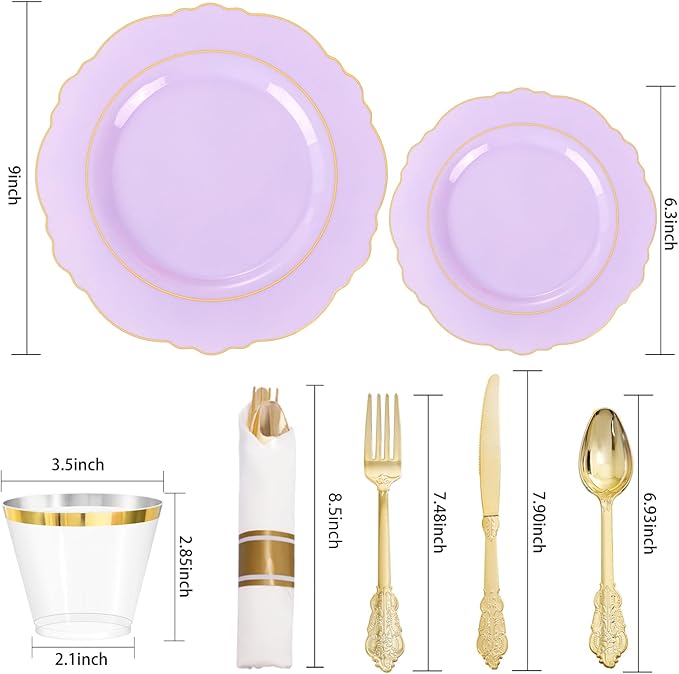 Liacere 175PCS Purple Plastic Plates-Disposable Lavender Plates 25guest Baroque Plastic Dinnerware include 50Plates, 25Pack Pre Rolled Napkins with Silverware 25Cups for Galentines Day&Easter Day