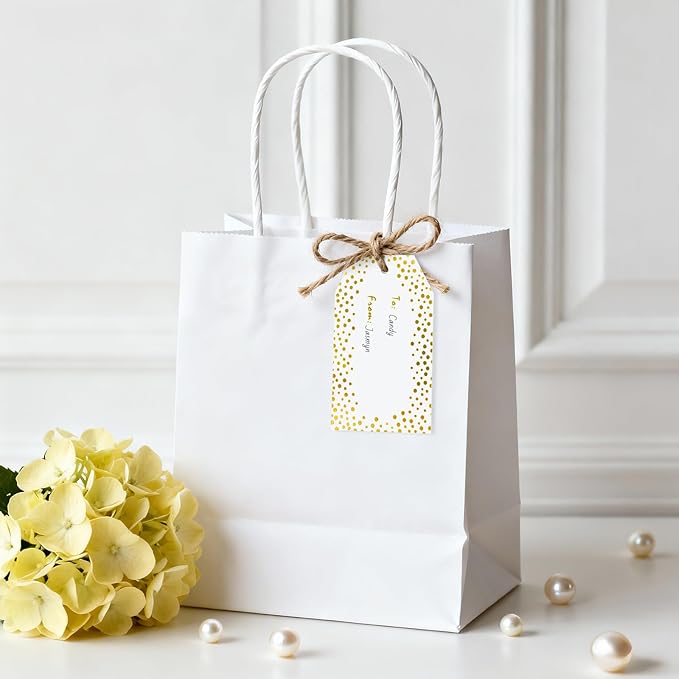 Anwyll Gift Tags with String - 50Pcs Gold Foil Metallic Name Gift Tags Confetti Polka Dot to from Gift Bag Tag Personalized Hang Paper Label Tag for Baby Shower Birthday Party Wedding Christmas Favors