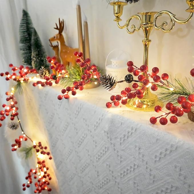 6.56FT Christmas Garland Decorations Red Berry Garlands with Lights 96 Fairy LED Lights Lighted Pine Garland for Mantle Fireplace Table Stairs Railing Xmas Tree Indoor Outdoor Winter Holiday Decor