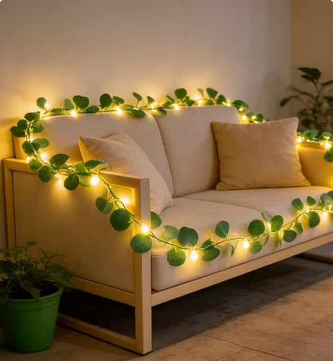 Vines with Lights Battery Operated, 20ft 60 LED Eucalyptus Garland String Lights with Remote, Leaf Lights for Bedroom, Room, Wall, Garden, Party, Wedding Decor (Warm White)