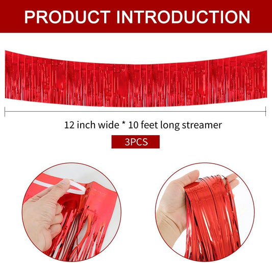 BEISHIDA 3 Packs 30 Feet Metallic Foil Fringe Garland Tinsel Streamers,Shiny Red Wall Hanging Tinsel Fringe Banners for Wedding Birthday Party Decoration Halloween Christmas New Year