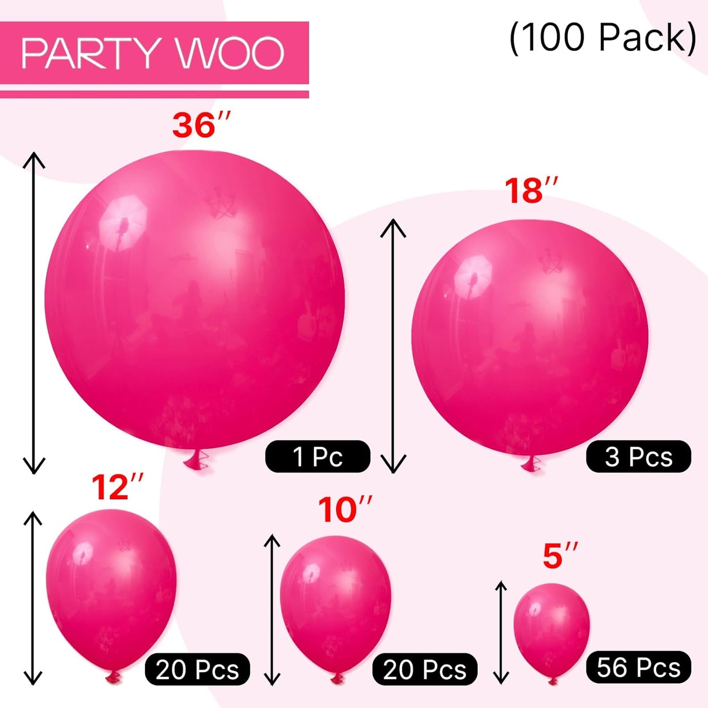 PartyWoo Hot Pink Balloons 100 pcs Different Sizes of 36 18 12 10 5 Inch Magenta Fuchsia Dark Pink Balloon Arch Kit Garland for Valentine's Day Baby Shower Princess Birthday Party Decorations Pink-Y12