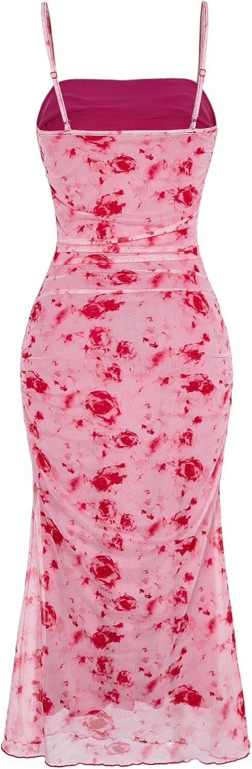 GORGLITTER Women's Floral Ruched Bodycon Midi Dress Mesh Sleeveless Fishtail Cami Dresses