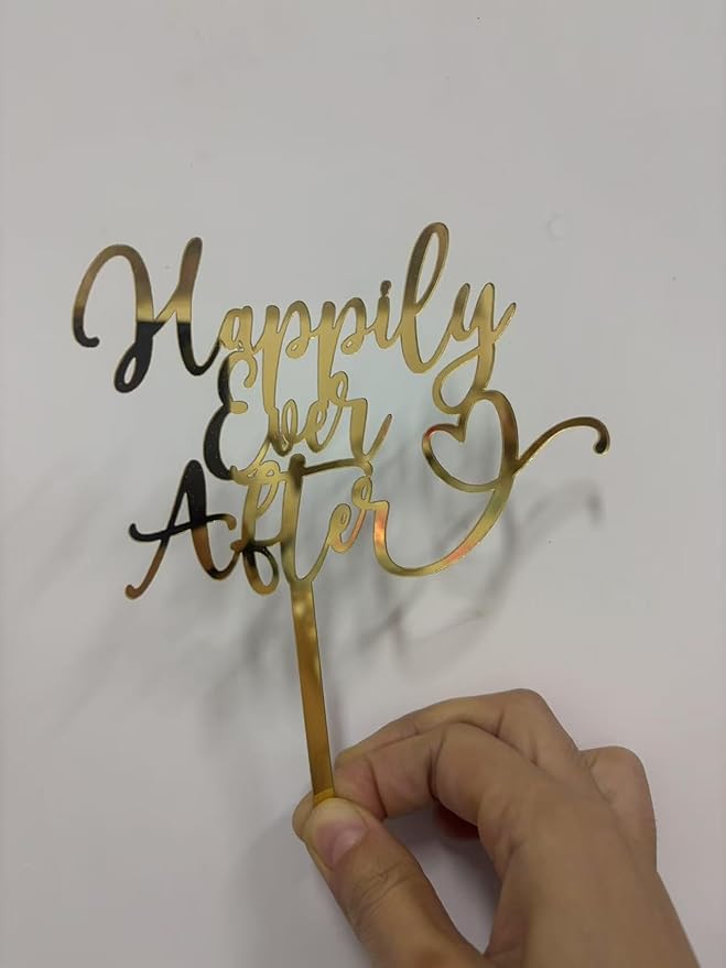 Happily Ever After Cake Topper-Acrylic Gold Wedding Cake Decorations for Wedding,Engagement,Bridal Shower,Vow Renewal,Anniversary Party Decoration Supplies