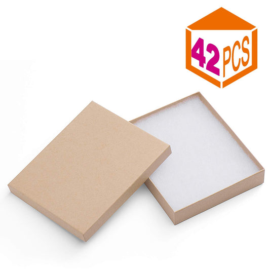 MESHA 42PC Jewelry Gift Boxes With Lids - Kraft 6x5x1, Cotton Filled Brown for Necklaces, Bracelets - Bulk Shipping Boxes for Small Business, Accessories