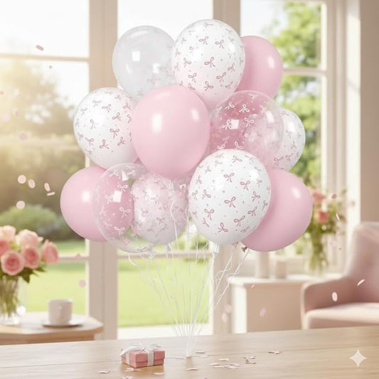 AFTERLOON® Biodegradable Balloons 35 pcs Pastel Pink Clear White with Small Bow Printed 12 Inch Set, Thickened Extra Strong Latex Helium Float, for Baby Shower Gender Reveal Garland Arch Decorations