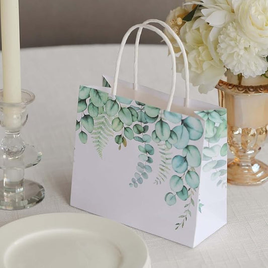 Efavormart 12 Pack 6"x7" Green Eucalyptus Paper Gift Bags with Handles - Botanical Party Favor Goodie Bags for Wedding and Baby Shower