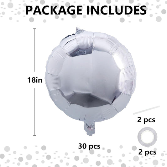 TONIFUL 30Pcs 18 Inch Round Balloons Large Silver Round Shape Foil Balloons Big Silver Round Helium Mylar Decorations for Birthday Wedding Baby Shower Anniversary Engagement Party Supplies