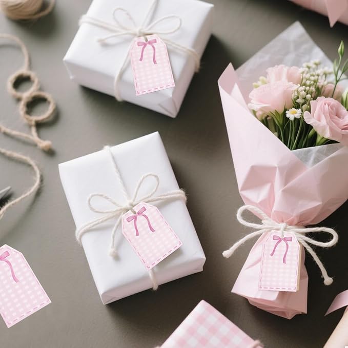 ASYEHJNR 100Pcs Coquette Pink Bow Gift Tags with String Pink Buffalo Plaid Large Gift Tag with 65Ft White String Paper Gift Tag for Coquette Bow Baby Shower Birthday Bachelorette Wedding Gift Wrap Tag