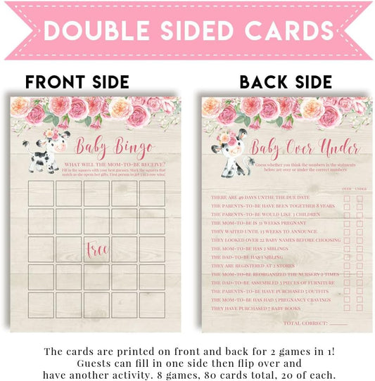 Amanda Creation Baby Shower Games 8 Game Set Watercolor Pink Cow 80 Double-Sided Cards for 20 Guests. Baby Shower Bingo, Baby Predictions & Activities for Guests. Farm & Barn Theme for Girls