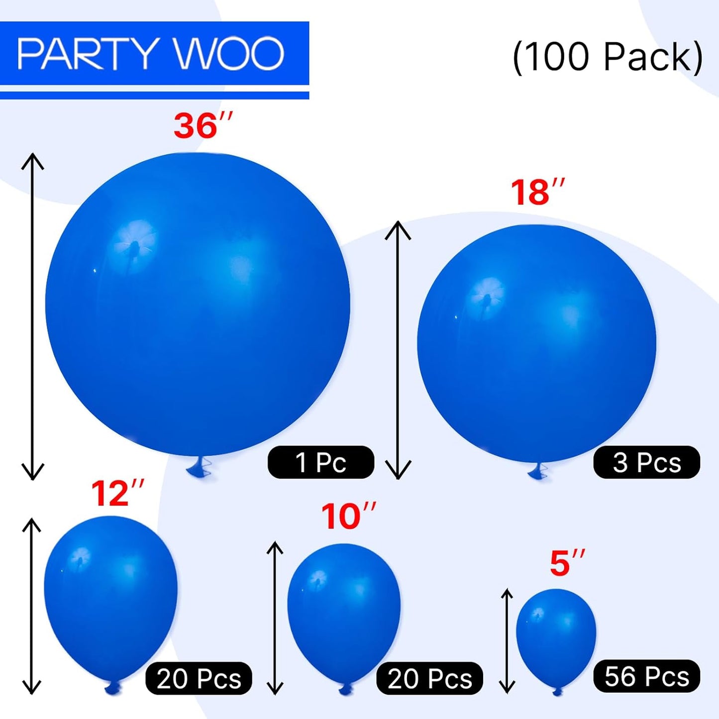 PartyWoo Royal Blue Balloons, 100 pcs Dark Blue Different Sizes Pack of 36 Inch 18 Inch 12 Inch 10 Inch 5 Inch Blue for Balloon Garland or Balloon Arch as Party Decorations, Blue-Y5