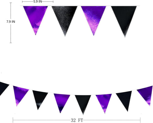 Purple and Black Party Decorations Metallic Fabric Triangle Pennant Banner Flag Bunting Garland for Graduations Birthday Retirement Wedding Baby Shower Bachelorette Halloween Outdoor Party Supplies