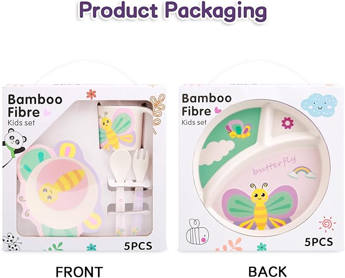 Kids Dinnerware Set, Includes Toddler Plate Bowl Tumbler and Utensils, BPA Free Bamboo Fiber Material Perfect for Little Girls (Purple - Butterfly Theme)