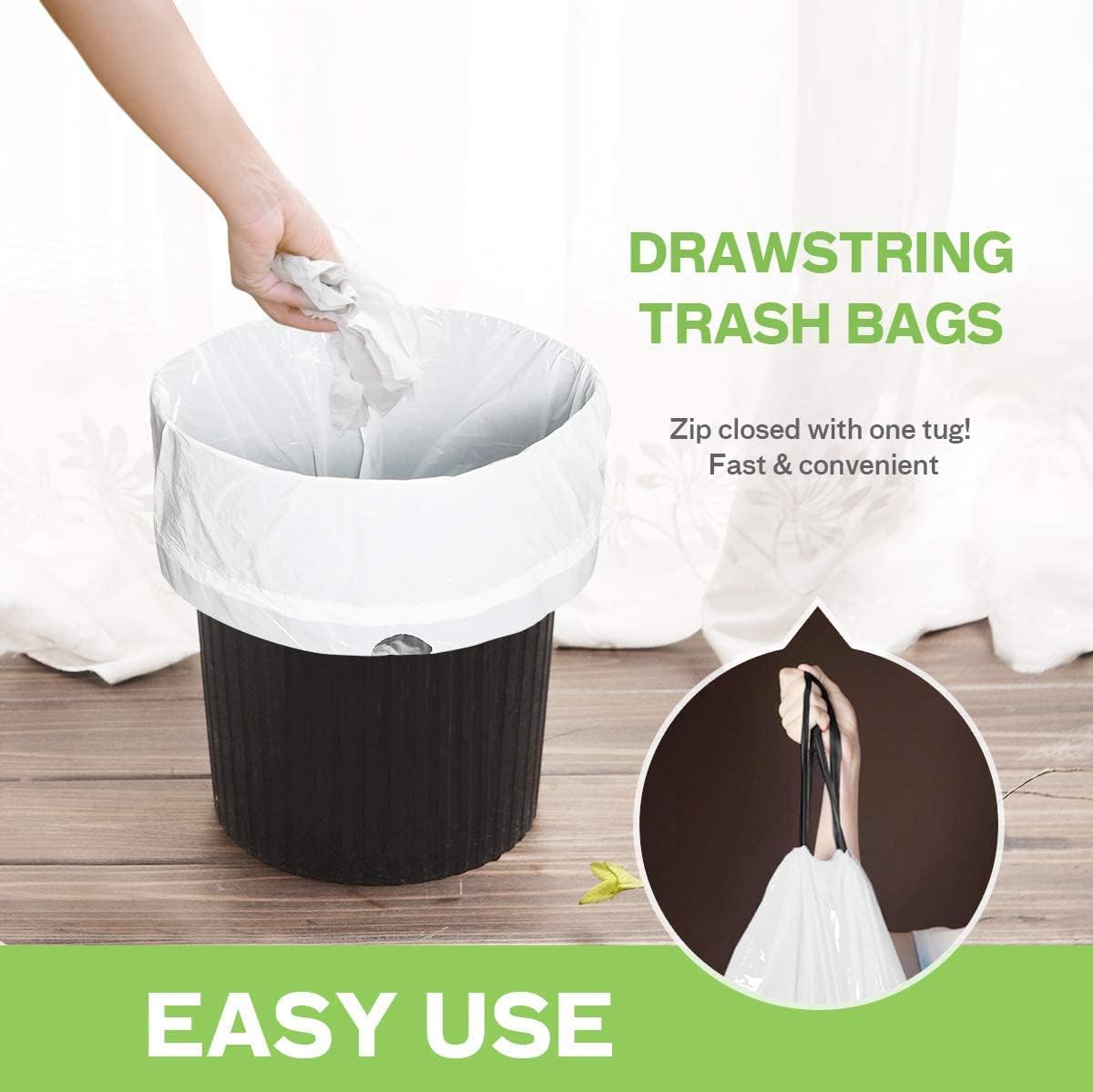4 Gallon 140 Counts Strong Drawstring Trash Bags Garbage Bags by Teivio, Bathroom Trash Can Bin Liners, Small Plastic Bags for home office kitchen, White