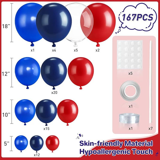 Blue and Red Balloon Garland Arch Kit, 167Pcs Latex Balloons Different Sizes 18 12 10 5 inch for Birthday Graduation Baby Shower Wedding Party Decorations