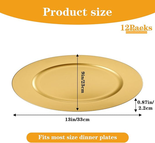 12 Pack Gold Plastic Charger Plates, 13" Round Gold Charger Plates for Wedding, Catering Event, Tabletop Decor