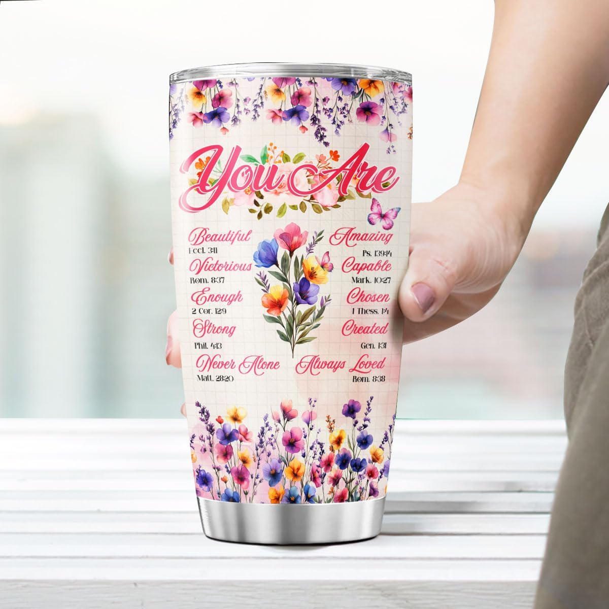 Christian Floral Scripture Gift for Women, Inspirational Bible Verse Stainless Steel Tumbler, 20oz Insulated Travel Mug for Mom, Wife, Friend, Faith-Based Encouragement Present