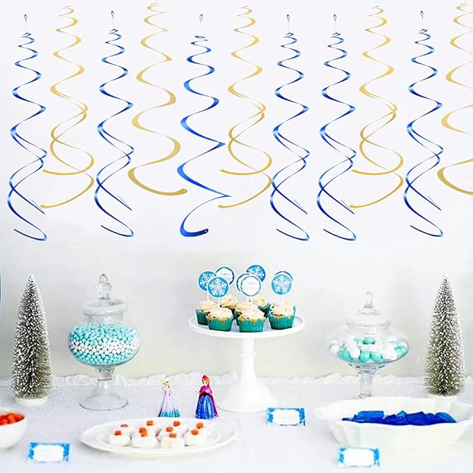 MOWO Gold and Royal Blue Foil Swirl Hanging Decoration for Birthday Graduation New Year Party Supplies,Pack of 20