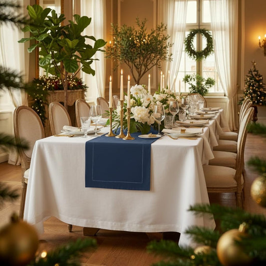 D'Moksha Homes Linen Navy Blue Table Runner 90 Inches Long - Classic Hemstitch 100% Pure Linen Dining Table Runner 14 x 90 Inch for Fall, Autumn and Halloween