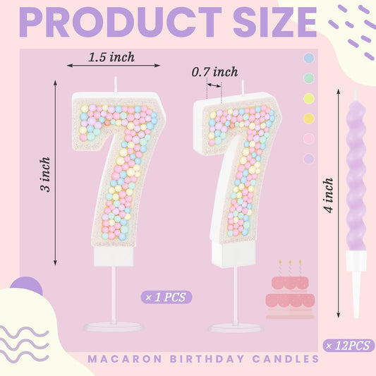 MTLEE Number 7 Birthday Candle with 12 Pcs Spiral Candles for Girls Macaron Pastel Rainbow Unicorn Pink Cake Topper for Sweet Theme Party Decoration