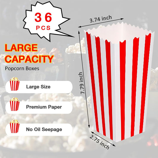 36 Pcs Large Capacity Red Paper Popcorn Boxes, Disposable Popcorn Boxes for Party, Movie Night(7.79 x 3.74inch)
