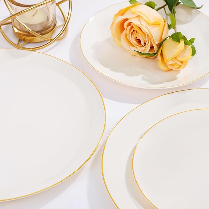 Nervure 100Pcs Ivory and Gold Plastic Plates - 10.25inch Disposable Ivory Dinner Plates - Heavy Duty Plastic Plate Ideal for Wedding & Party (Pack of 2)