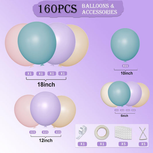 Blue Purple Pink Nude Balloon Garland Arch Kit, 160Pcs Latex Balloons Different Size Balloons 18 12 10 5 inch for Birthday Baby Shower Wedding Bridal Shower Party Decorations