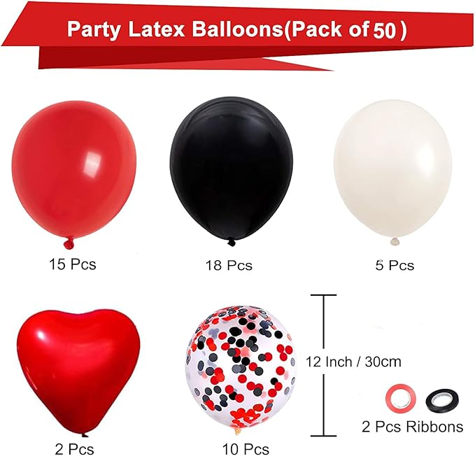 Red and Black Latex Balloons, 50Pcs 12inch Black Red White Party Balloons for Birthday,Wedding,Casino Party, Race Car Party,Valentine's Day Party Events Decorations