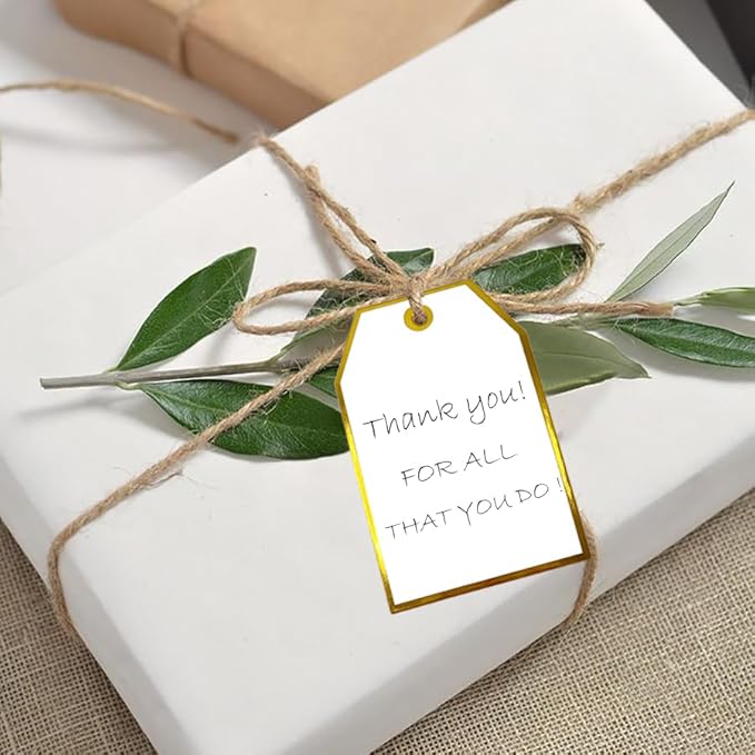 ASYEHJNR 100Pcs Gold Gift Tags with String Attached Foil Gold Frame Large White Paper Gift Tags Presents with 65 Ft Jute Twine for Christmas Holiday Baby Shower Wedding Birthday Gift Wrap Tags