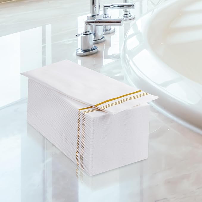 200 Linen Feel Paper Hand Towels for Bathroom, Disposable Guest Towels, Soft and Absorbent Paper Towels Napkins Bulk for Dinner Parties Kitchen Wedding Graduation, 12" x 17"(Gold Trim Lined)
