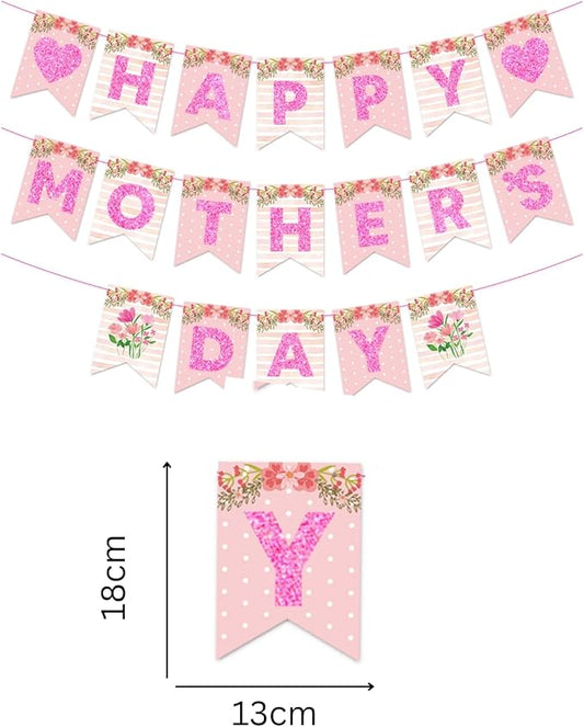 Happy Mother's Day Banner Set Decoration for Mother's Day Party Decorations Backdrop Garland for Mom Glitter Garland Photo Props (Pink Flower Heart)