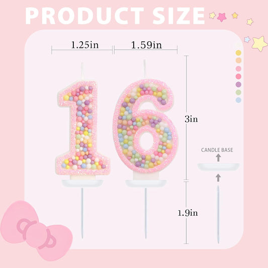 Pink Birthday Candles - Number 16 Candle, Colorful Macaron Candles, Sweet 16 Cake Topper 16 Birthday Decorations for Girls, Sweet Theme Party Supplies (Pink)